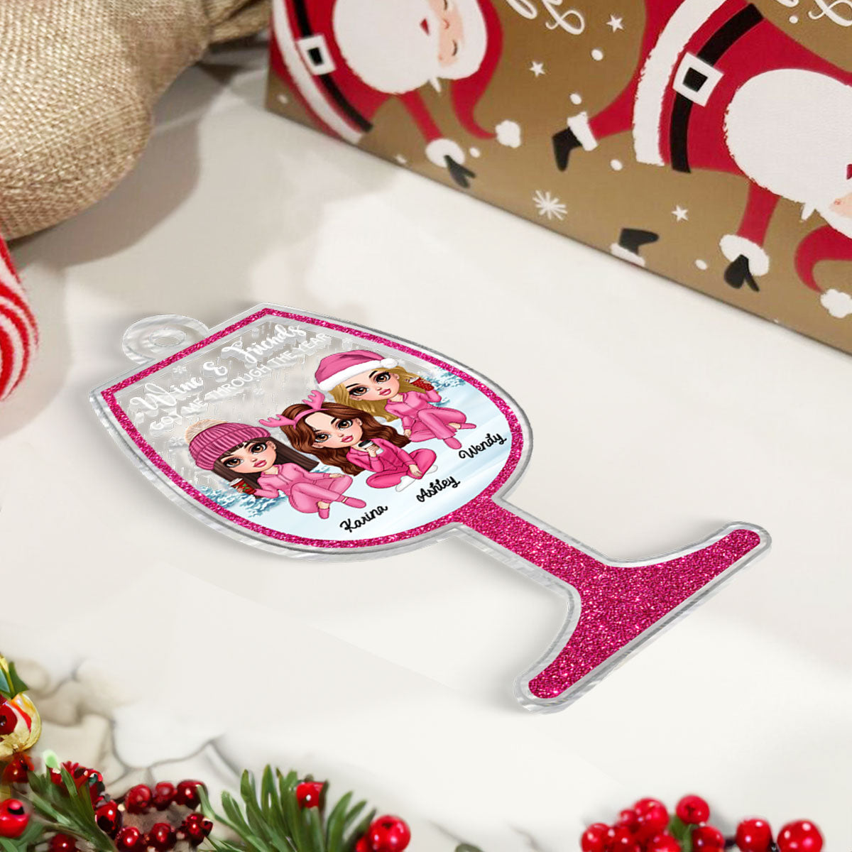 Wine Glass Pink Besties Sisters Personalized Acrylic Ornament, Christmas Gift