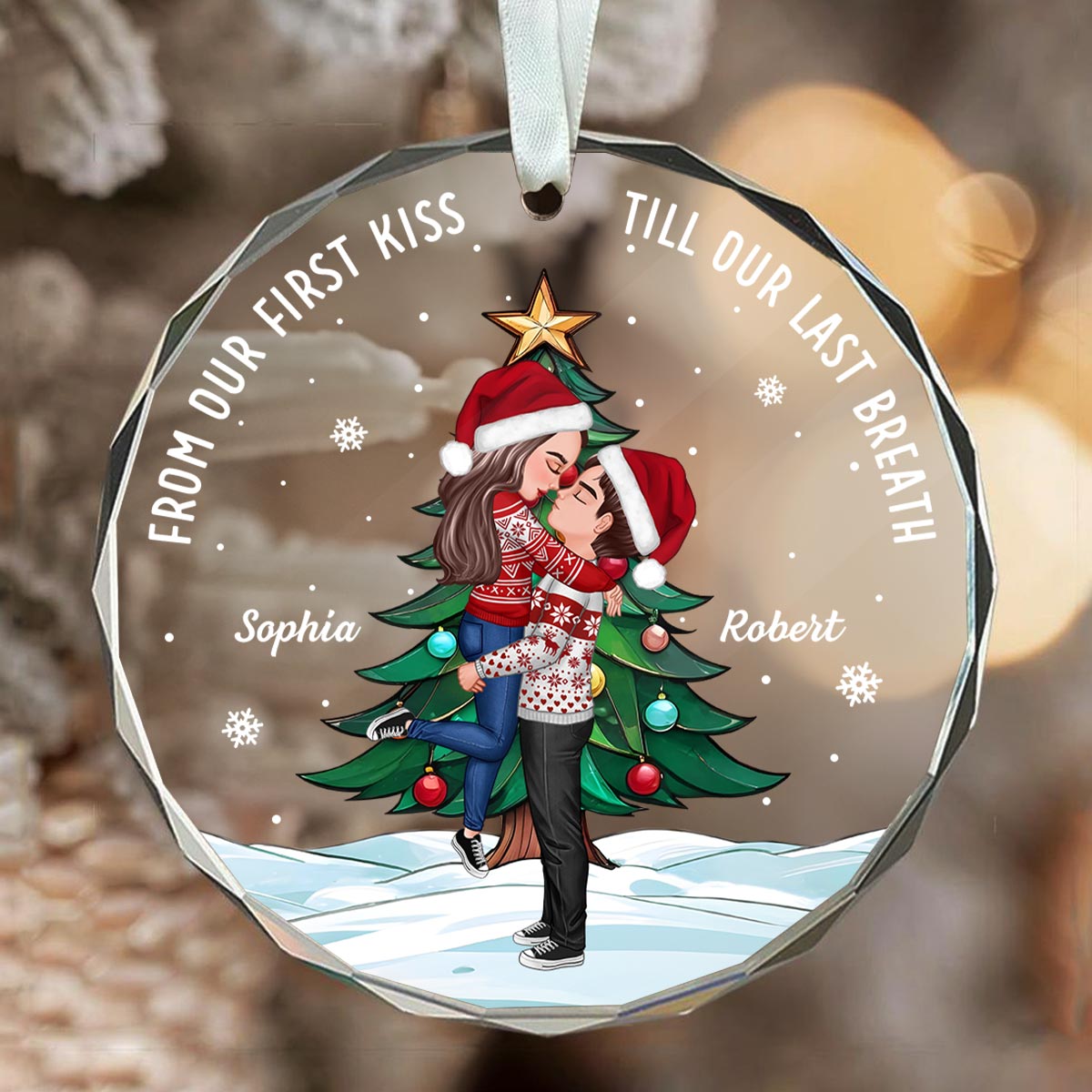 Couple Hugging Kissing Christmas Tree Personalized Glass Ornament, Christmas Gift For Him, For Her