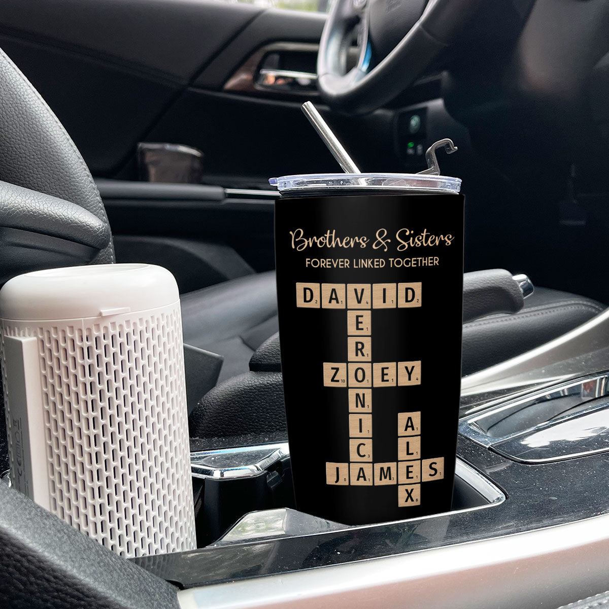 Brothers & Sisters Forever Linked Together Crossword Puzzle Art Personalized Tumbler, Gift For Brothers, Sisters, Siblings, Family