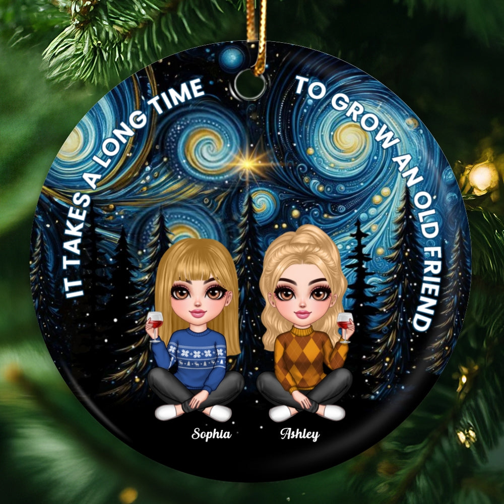 Starry Night Besties Sisters Sitting Personalized Circle Ceramic Ornament, Christmas Gift