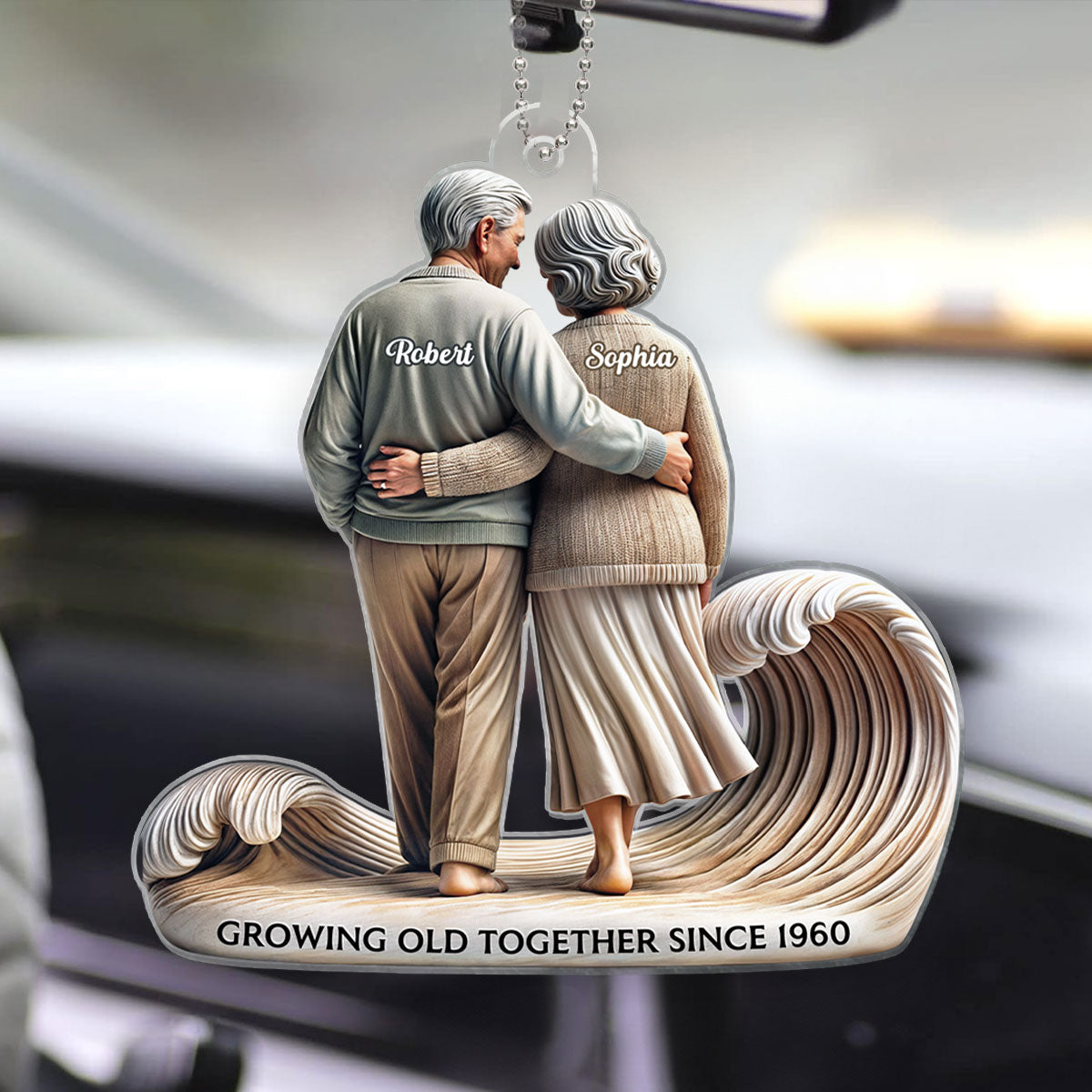 3D Effect Old Couple Embracing Walking Together On The Beach Personalized Car Hanger Ornament, Heartfelt Gift For Couple, For Him, For Her, Husband, Wife
