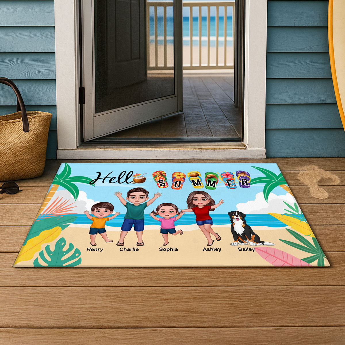 Hello Summer Beach Landscape Family Personalized Doormat, Summer Decoration