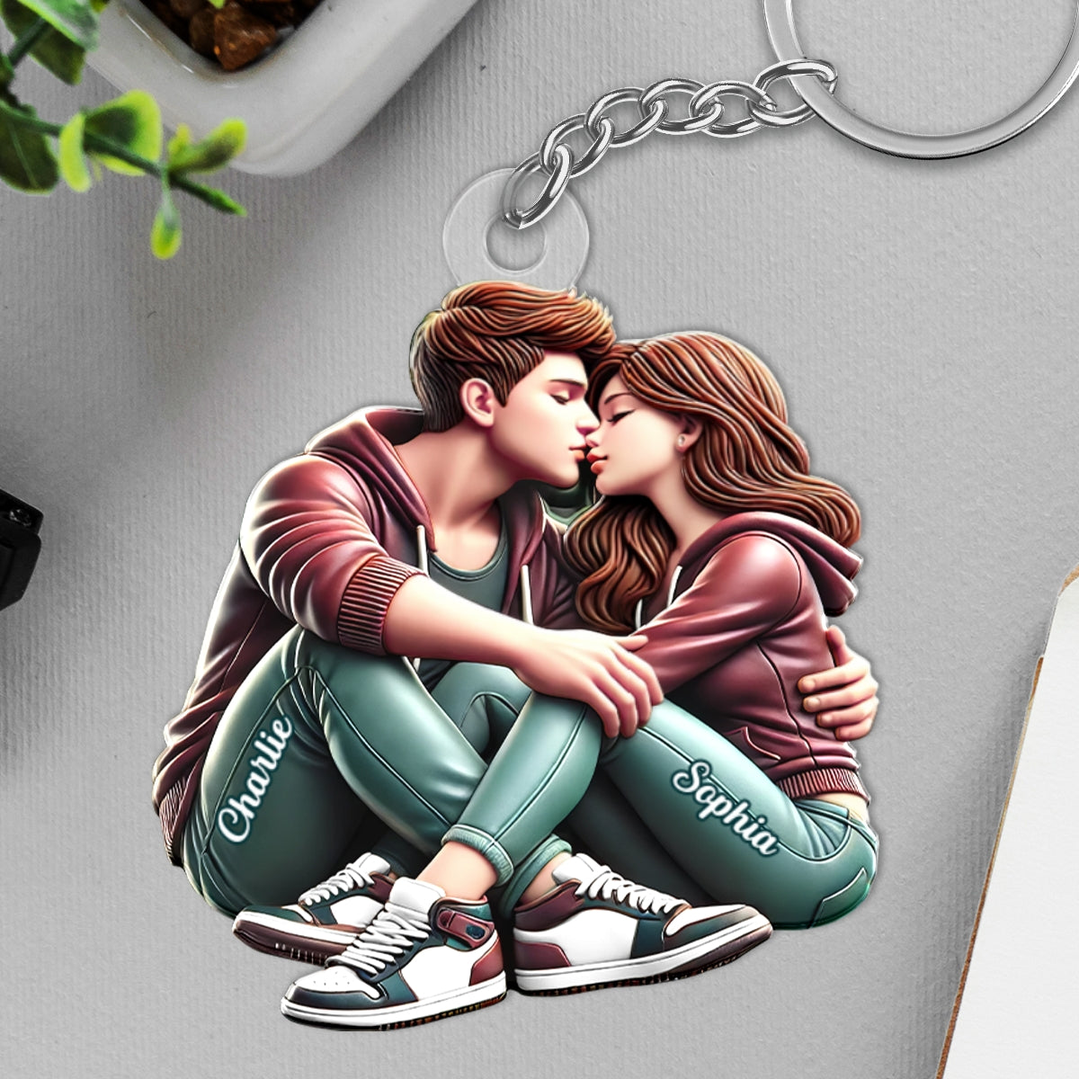 3D Effect Couple Sitting Kissing Personalized Acrylic Keychain, Heartfelt Gift For Couple, For Him, For Her, Boyfriend, Girlfriend, Husband, Wife