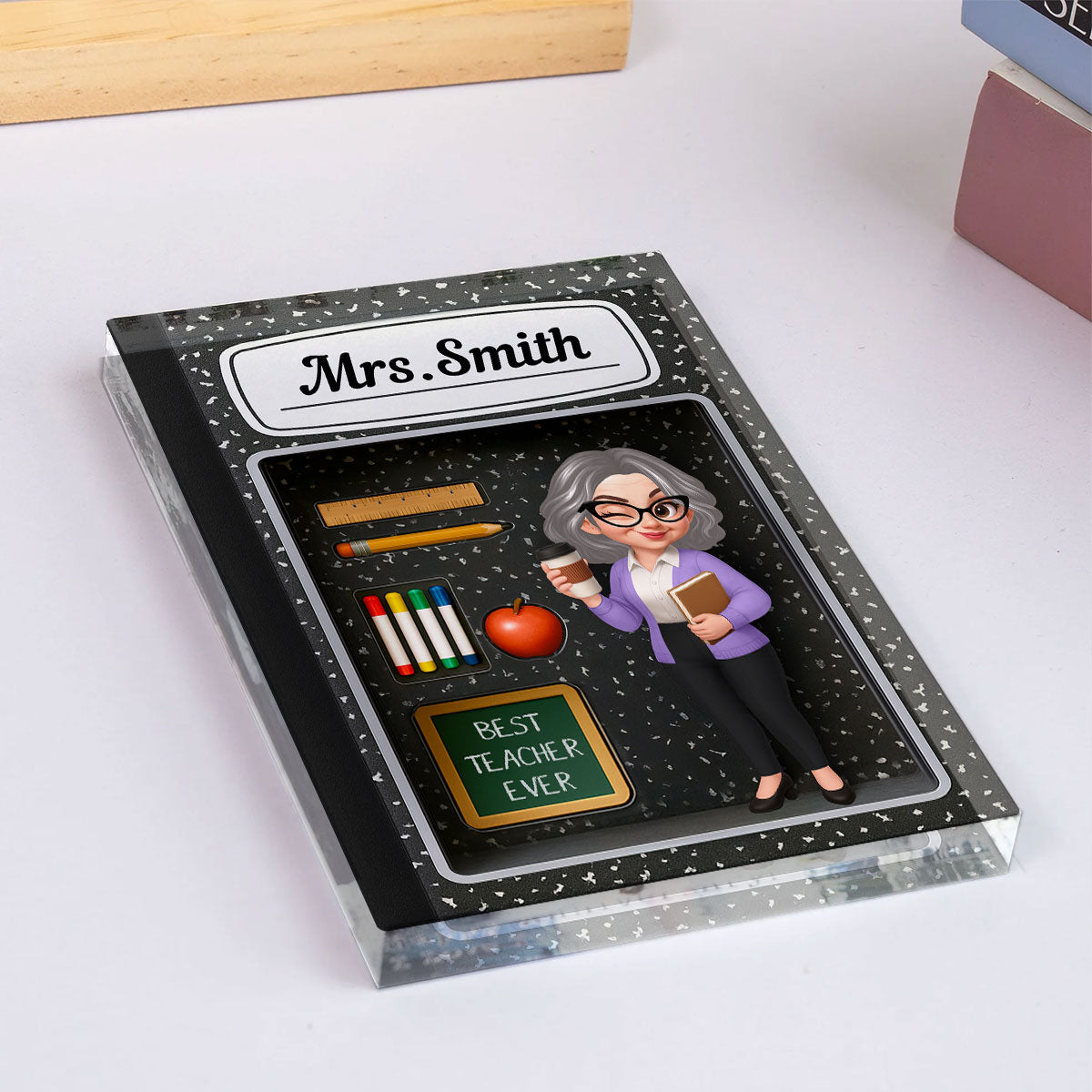 Teacher Inside Composition Book Pattern Box 3D Effect Personalized Acrylic Block, Back To School Gift
