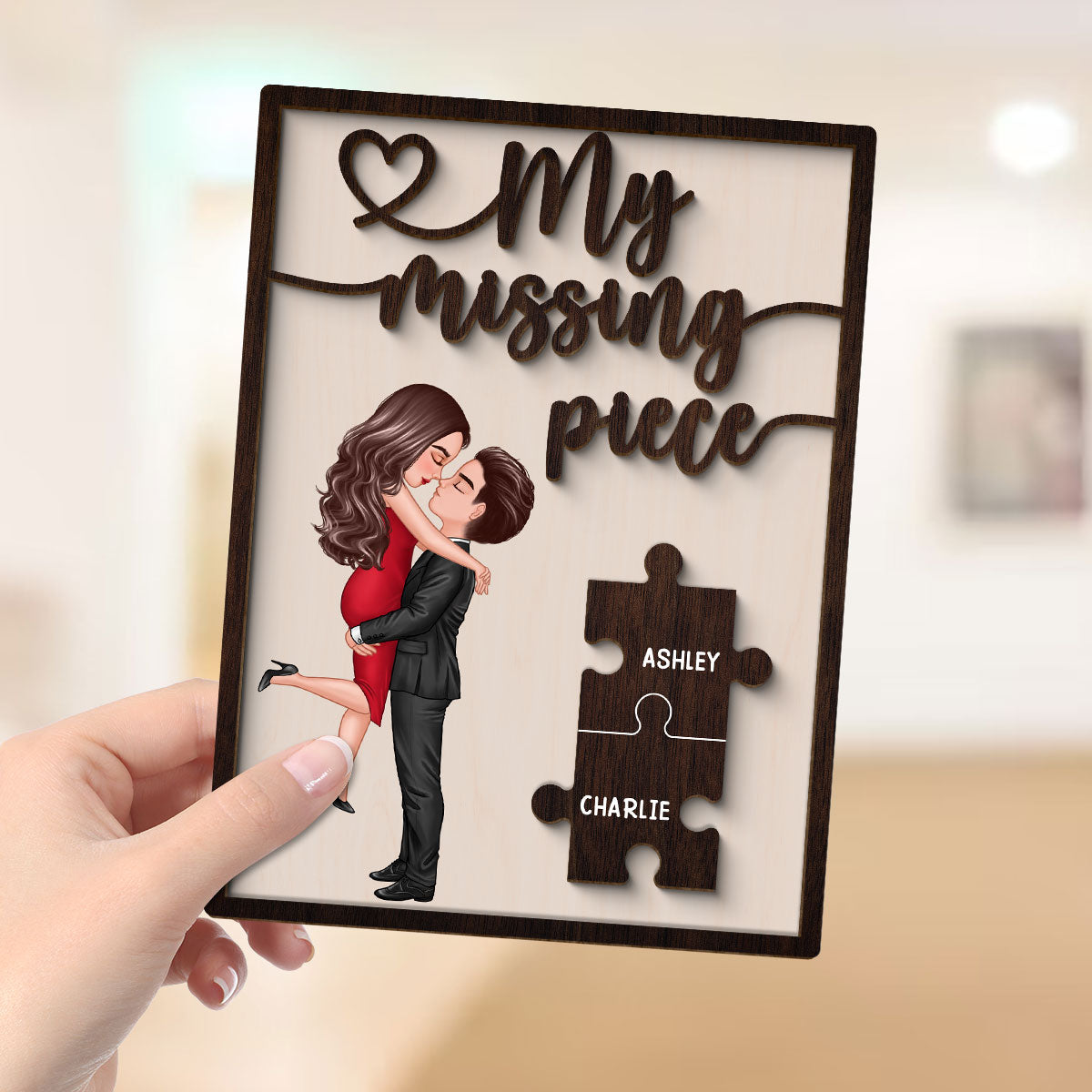 My Missing Piece Valentine‘s Day Gift For Her Gift For Him Dark Wood Themed Personalized 2-Layer Wooden Plaque
