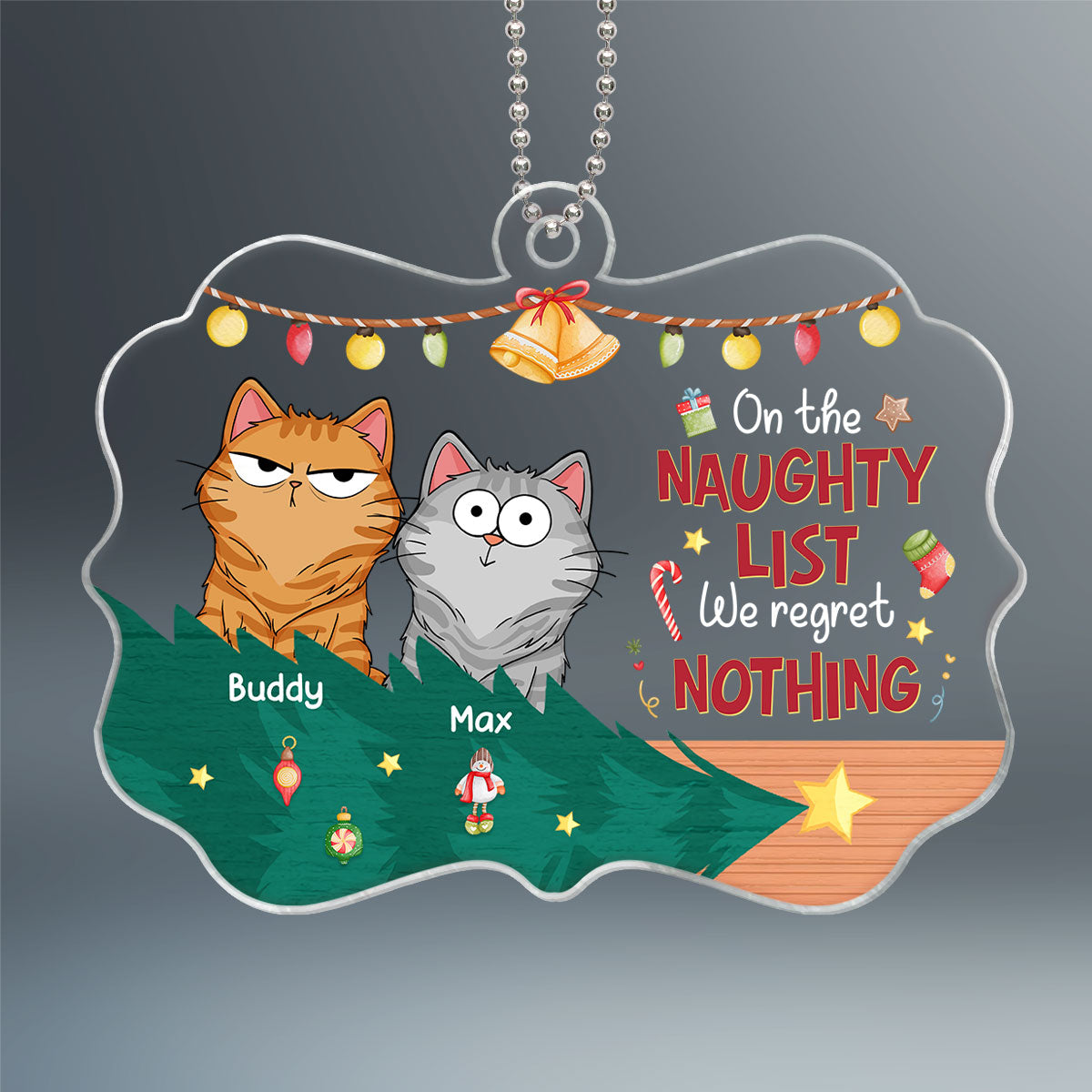 Christmas Fluffy Cat Funny Expressions On The Naughty List Regret Nothing Personalized Acrylic Ornament