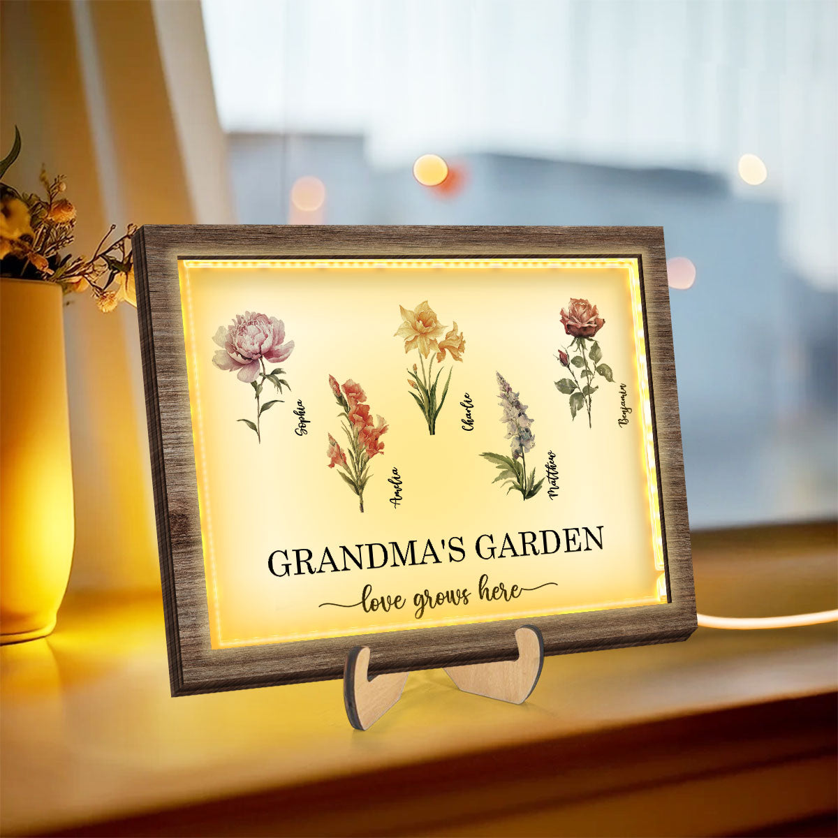 Grandma's Garden Love Grows Here Birth Month Flower Personalized 2-Layered Wooden Plaque with LED, Heartfelt Mother's day gift for Grandma, Mom