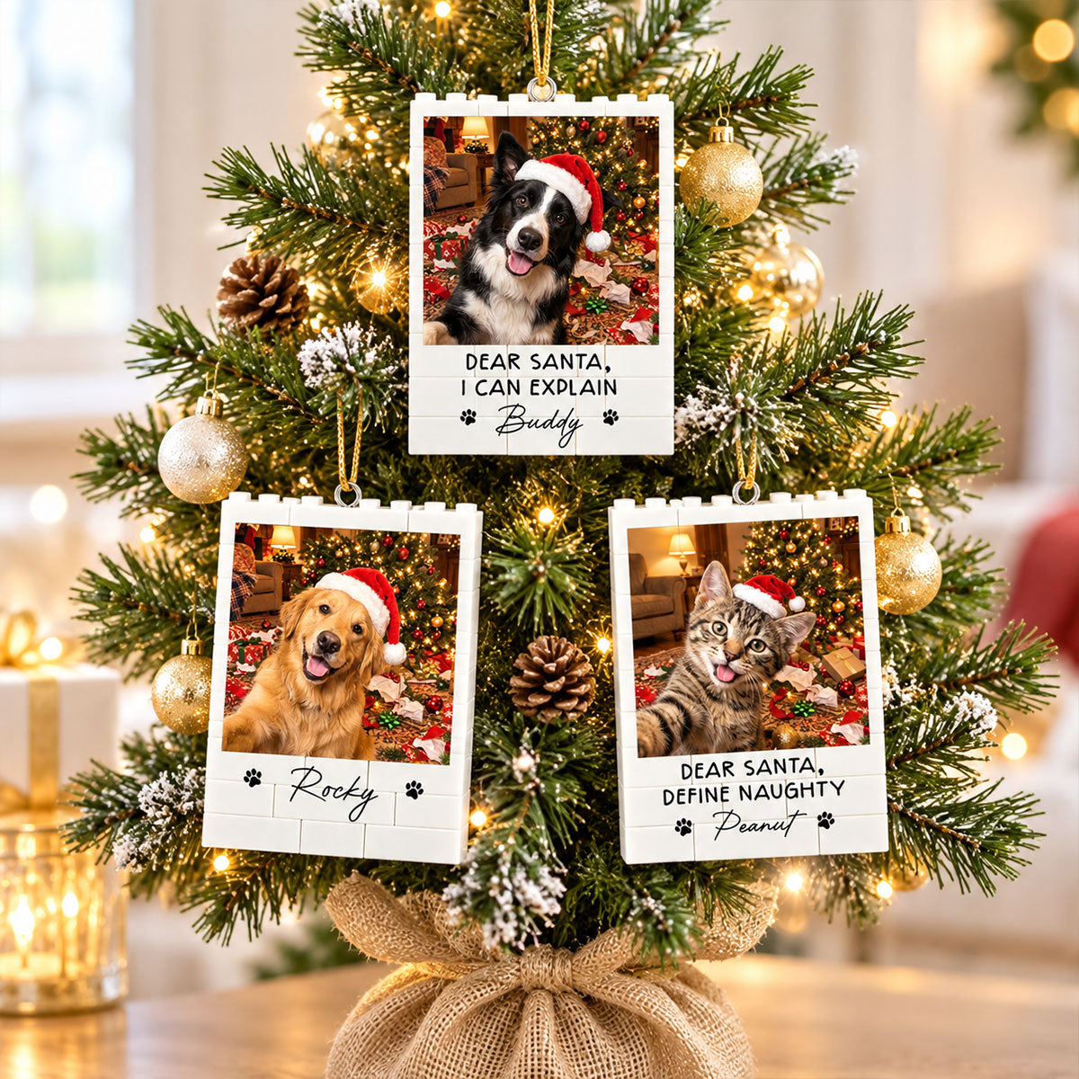 Dog Cat Ruin Christmas Things Upload Pet Photo - Personalized Building Blocks Ornament - Funny Gift For Dog Lovers, Cat Lovers