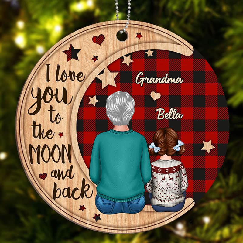 Checkered Pattern Grandma Grandkids On Moon Personalized Wooden Ornament