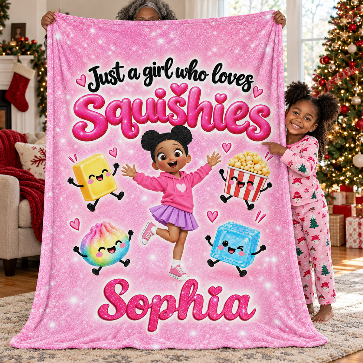 Cute Girl Loves Squishies - Personalized Fleece Blanket - Gift For Daughter, Granddaughter