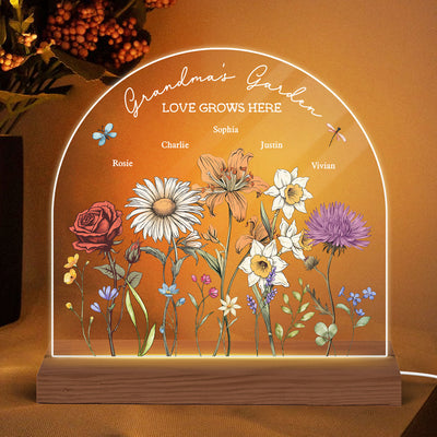 Grandma's Garden Vintage Birth Month Flowers Dome Shaped - Personalized Acrylic LED Night Light - Christmas Gift For Mom, Gift For Grandma