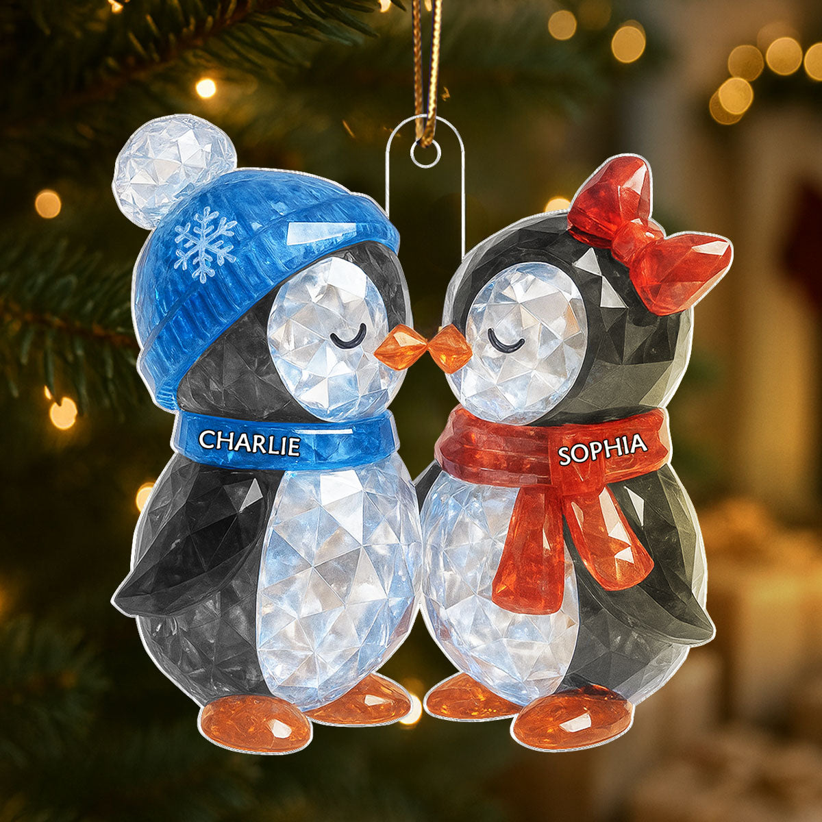 Christmas Penguins Couple 3D Crystal Effect Personalized Acrylic Ornament - Heartwarming Christmas Gift for Couple