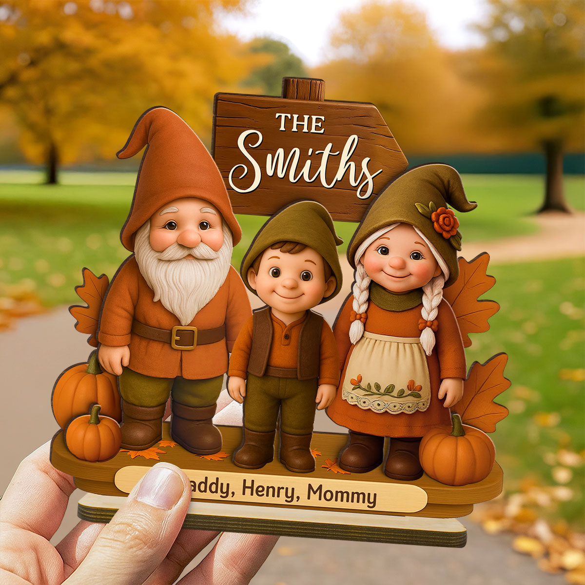 Gnome Family Fall Season Personalized 2-Layer Standing Wooden Plaque