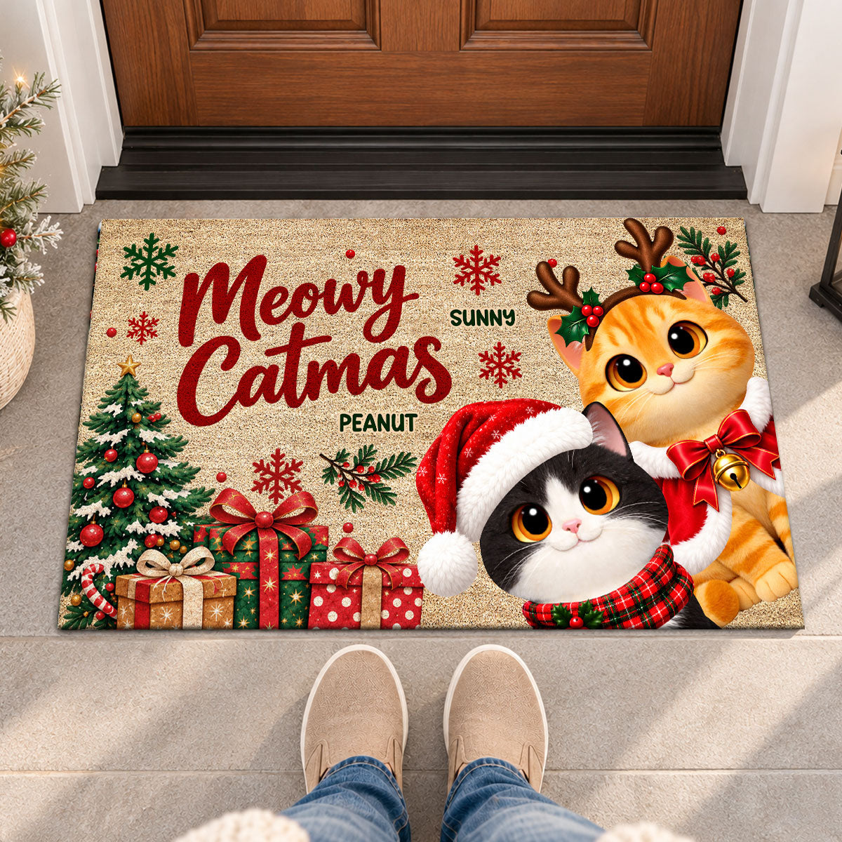 Festive Christmas Meowy Catmas Cute Cats - Personalized Doormat - Christmas Gift For Cat Lovers, Christmas Decor