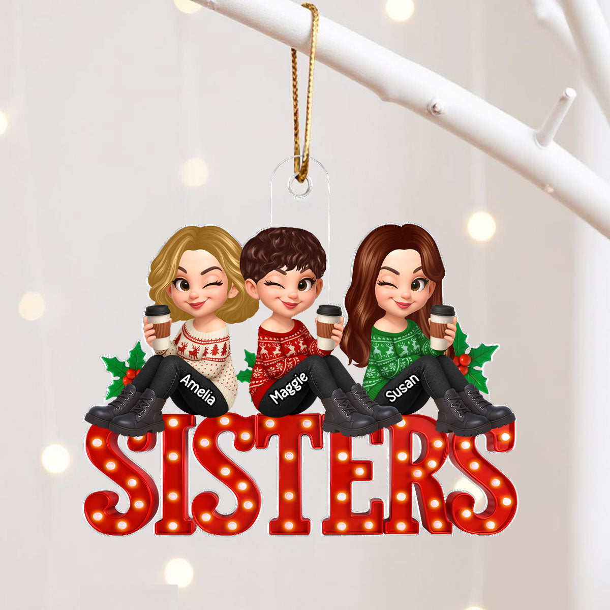 Christmas Besties Sisters Sitting On Marquee LED 3D Effect Personalized Acrylic Ornament