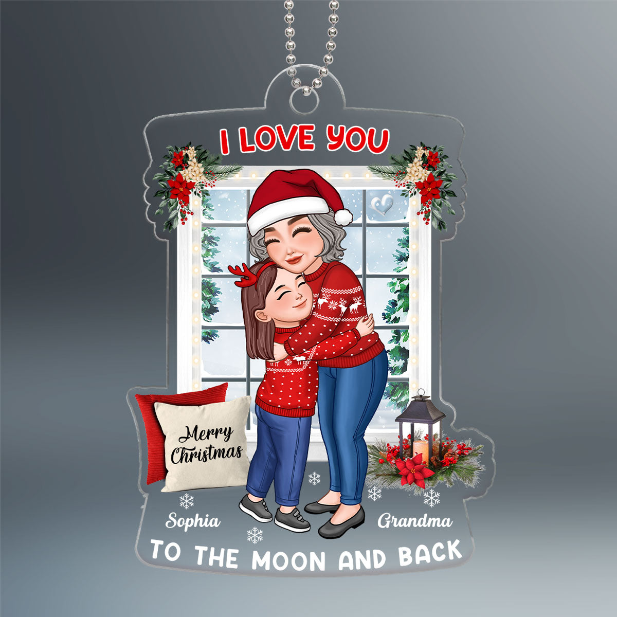 Grandma Hugging Grandkid By Christmas Window Personalized Acrylic Ornament
