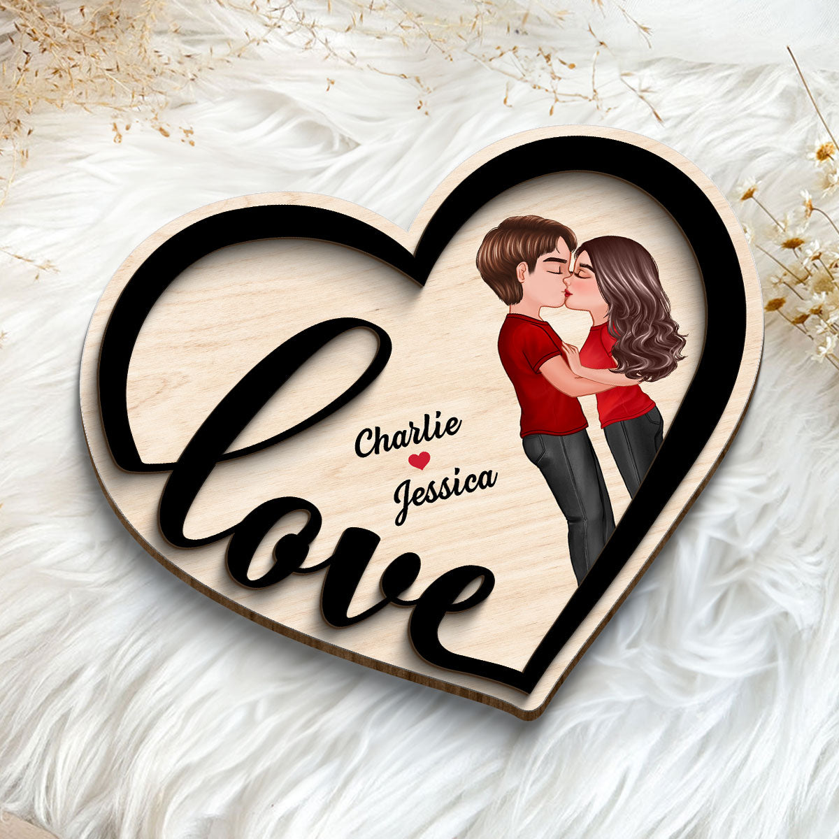 Couple Love Heart Kissing Standing Personalized 2-layer Wooden Plaque