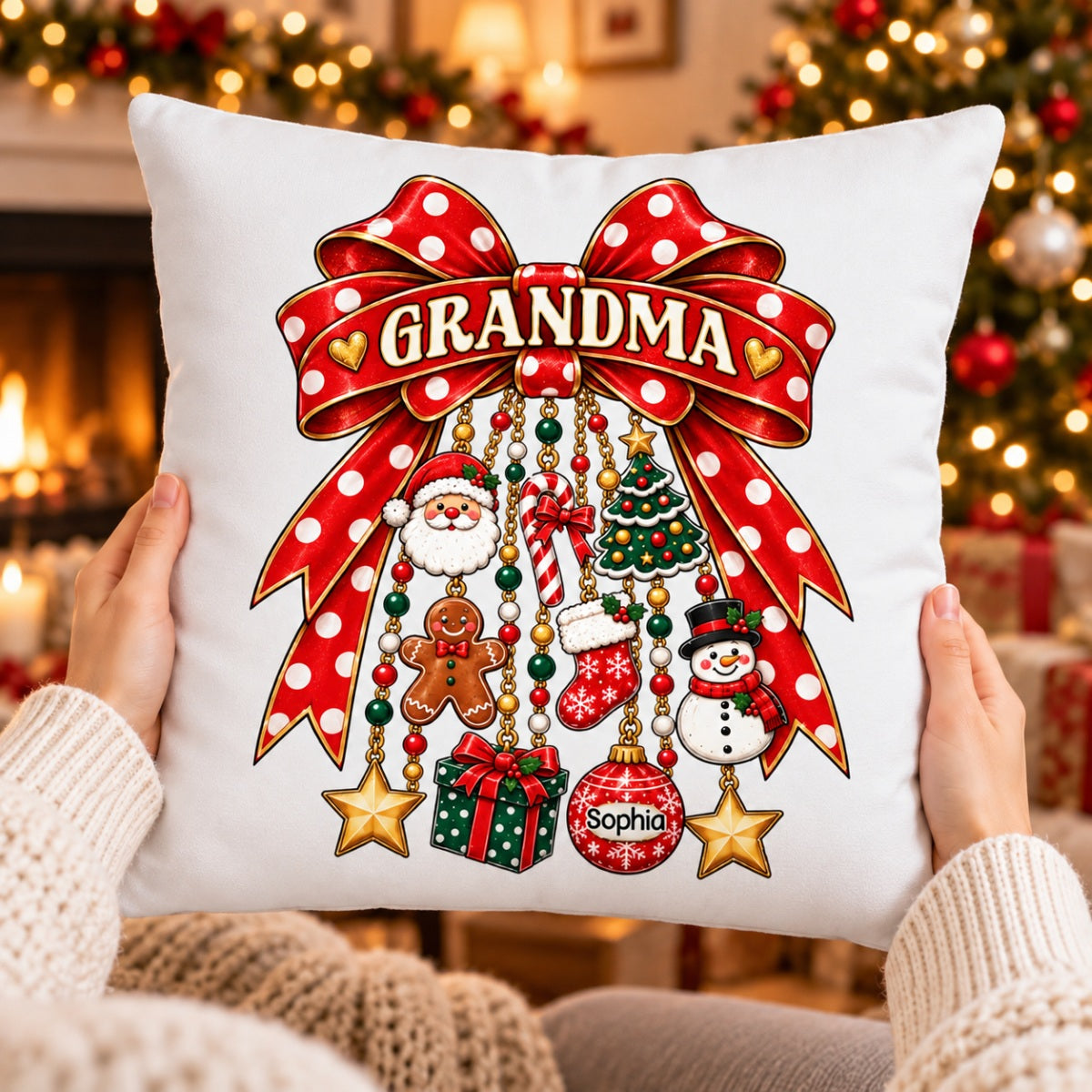 Grandma Retro Christmas Charm Bow - Personalized Pillow - Trendy Christmas for Grandma