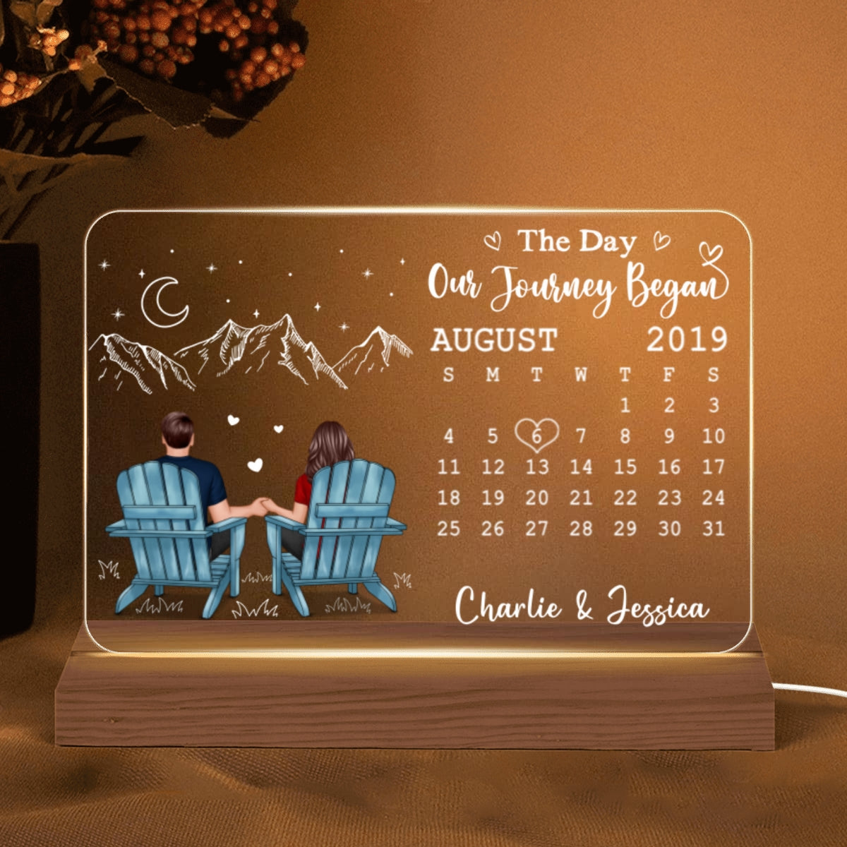 Couple Sitting Back View Anniversary Date Calendar Rectangle Personalized Custom Shape Acrylic Plaque With LED Night Light - Anniversary Gift For Couple - Gift For Him - Gift For Her
