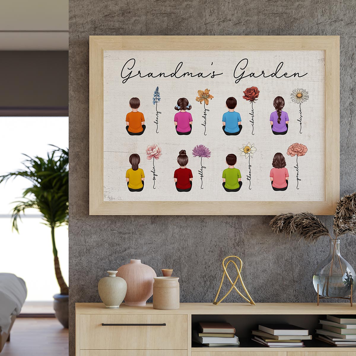 Vintage Birth Month Flowers Garden With Grandkids Names - Personalized Poster - Gift For Grandma, Mom, Auntie