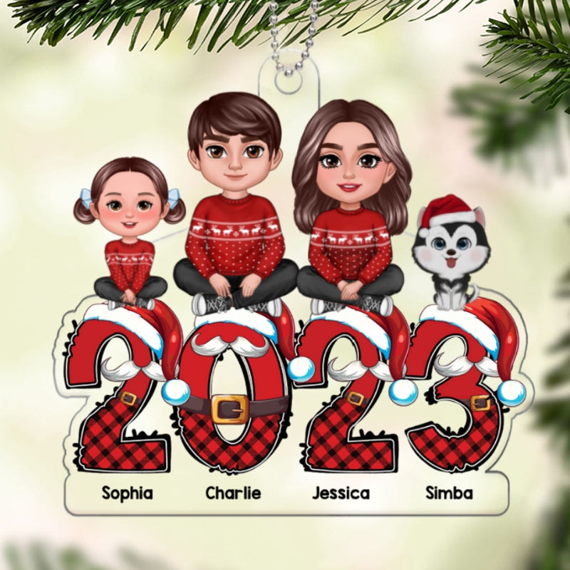 Family Sitting Crossed Legs On Santa Christmas 2023 Personalized Acrylic Ornament