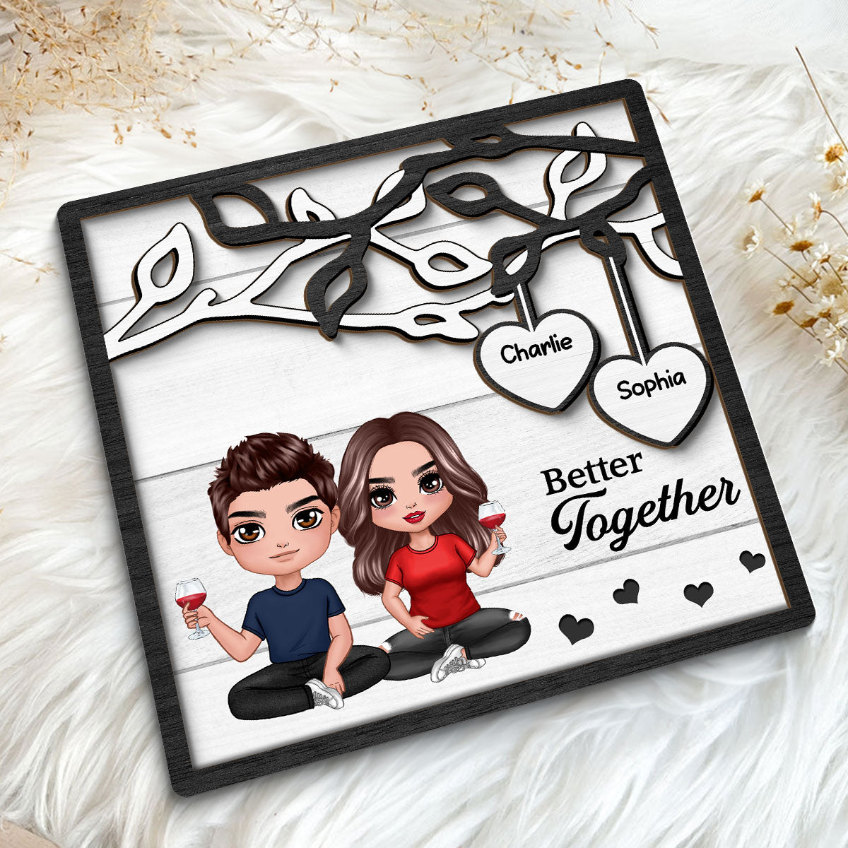 Doll Couple Sitting Under Tree Personalized 2-Layer Wooden Plaque