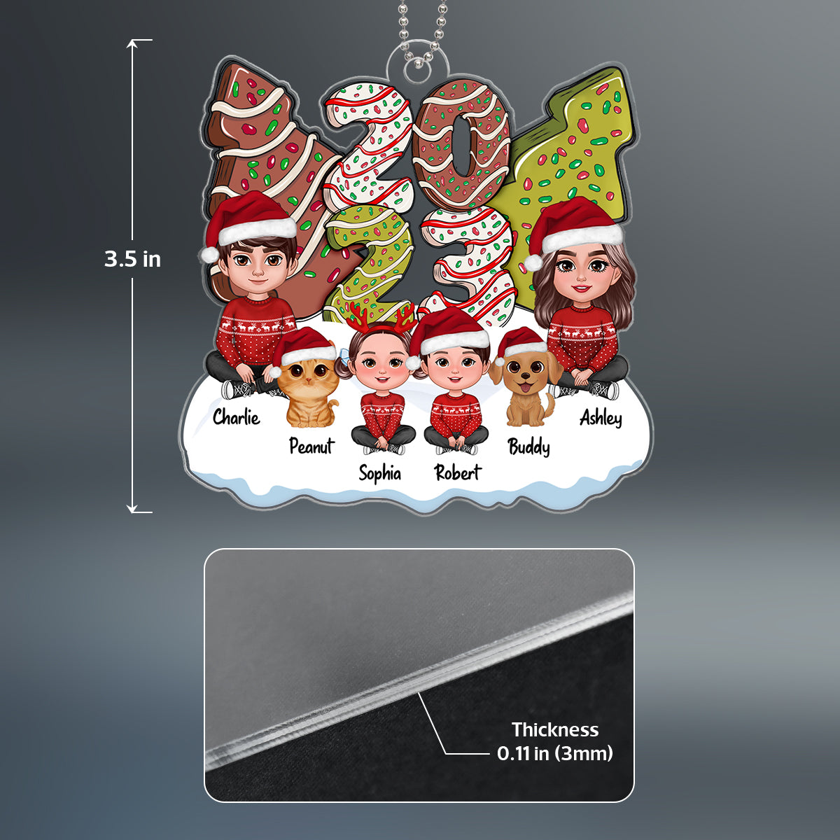 Family Dad Mom Kids Dogs Cats Sitting By 2024 Christmas Tree Cake Patterned Personalized Acrylic Ornament