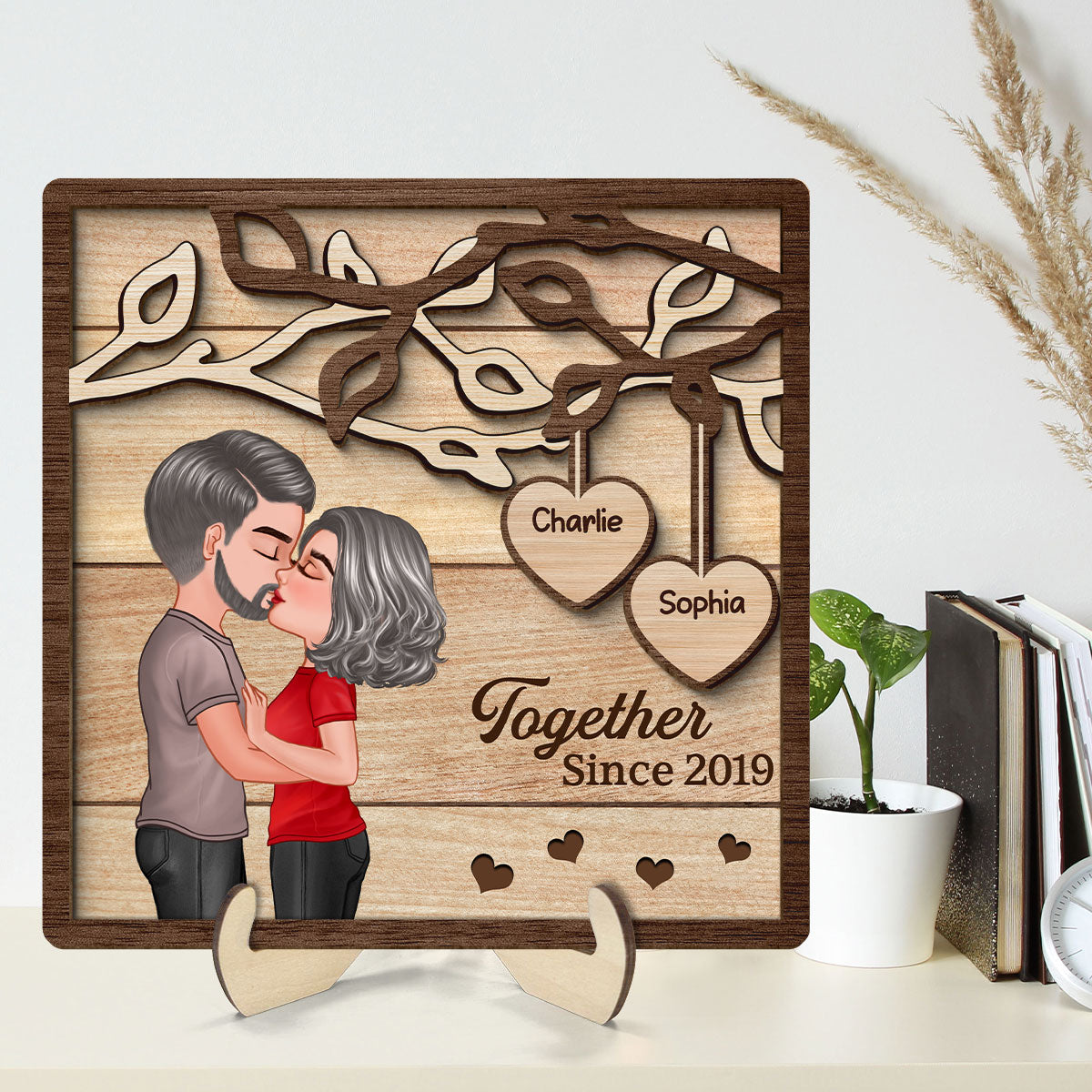 Couple Kissing Under Tree  Gift For Her Gift For Him Personalized 2-Layer Wooden Plaque
