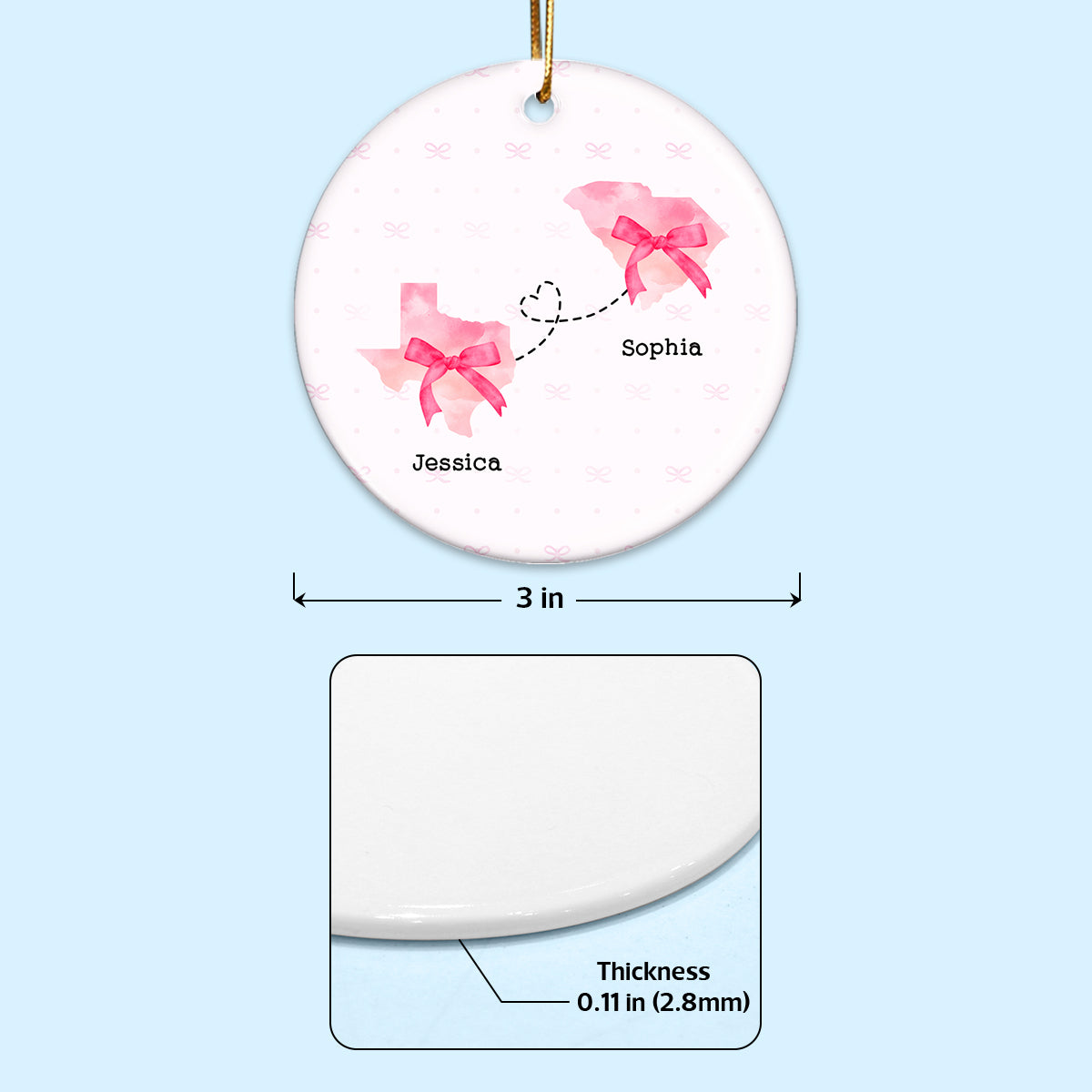 Long Distance Coquette State Map Best Friend Besties Moving Away Gift Personalized Double Sided Ceramic Ornament