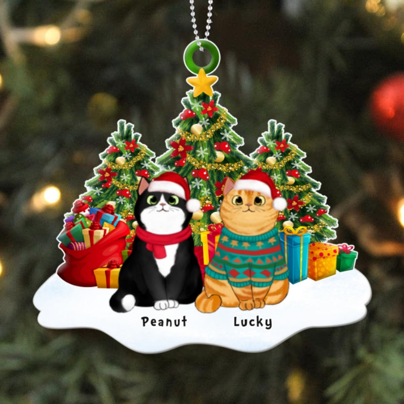 Fluffy Cats Sitting On Snow Christmas Tree Personalized Acrylic Ornament