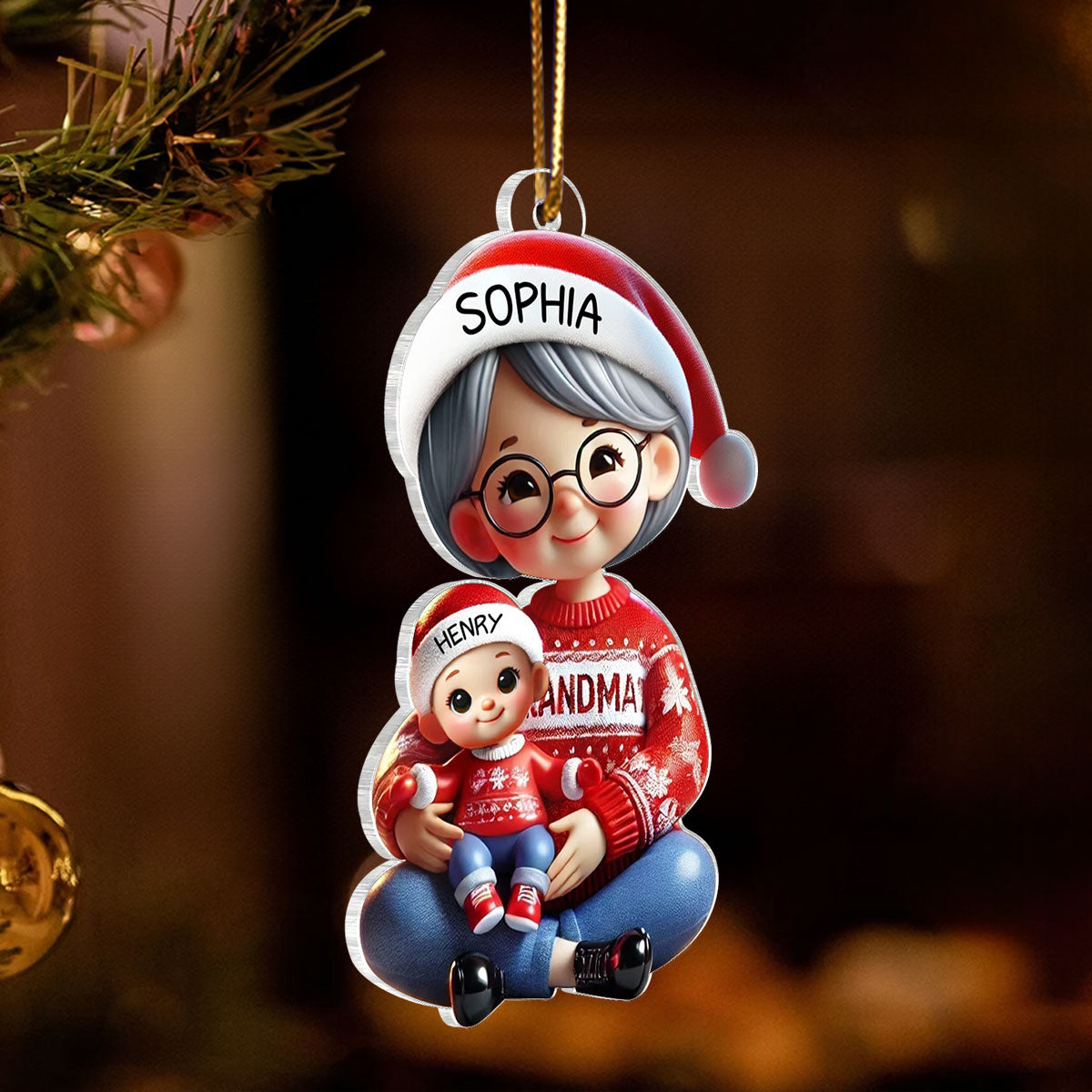 3D Effect Grandma Grandkids Sitting Crossed Legs Personalized Acrylic Ornament, Christmas Gift for Grandma, Granddaughter Grandson