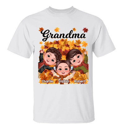 Happy Kids Laying On Fall Leaves Grandma Mom Personalized Shirt