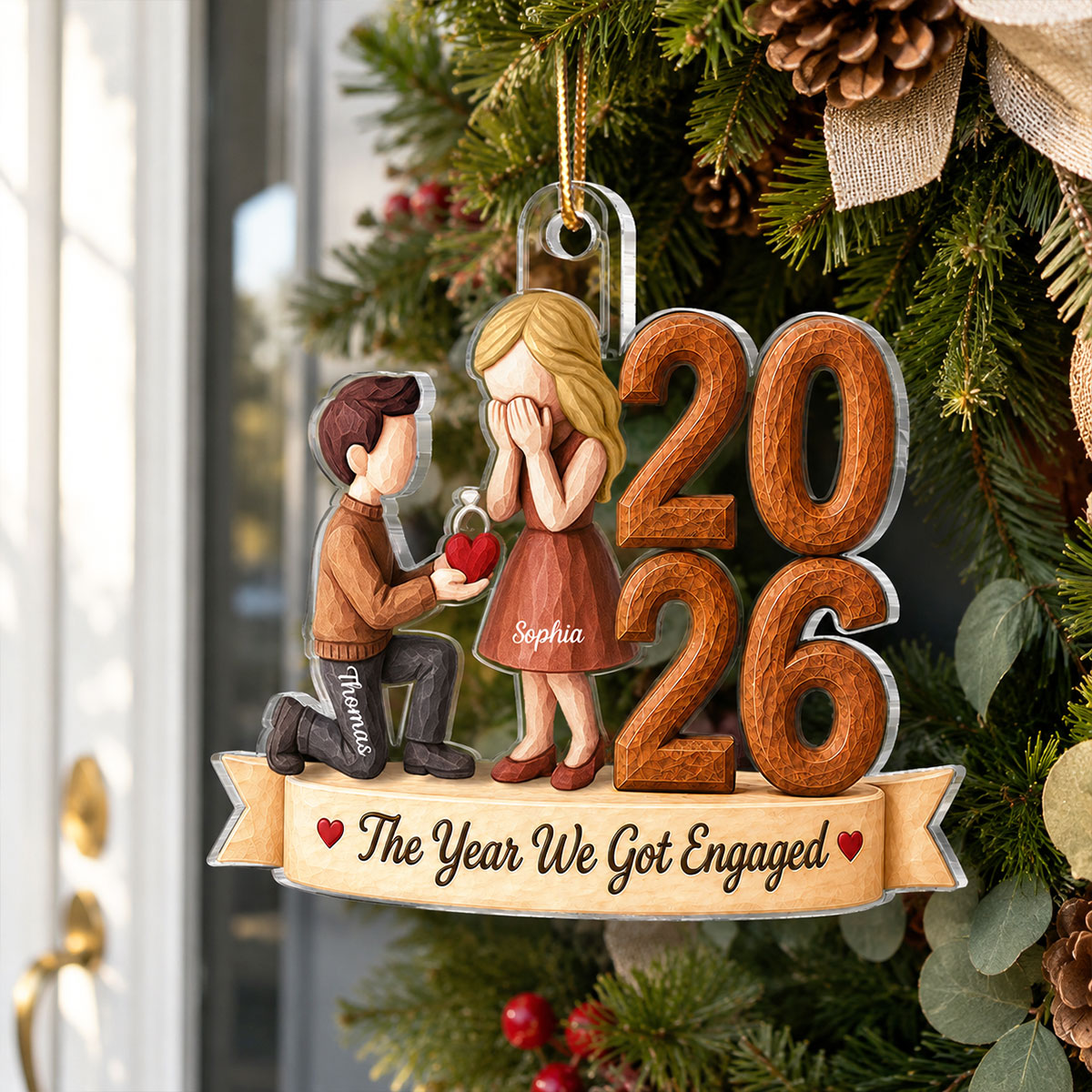 The Year We Got Engaged 2026 Proposal Couple 2D Wooden Effect – Personalized Acrylic Ornament – Engagement Keepsake