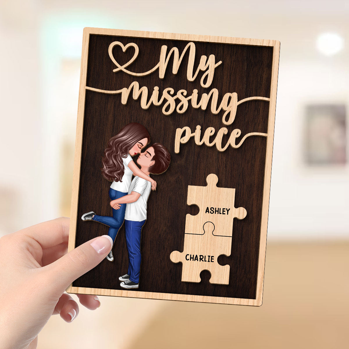My Missing Piece Hugging Kissing Couple Dark Theme Valentine‘s Day Gift For Her Gift For Him Personalized 2-Layer Wooden Plaque