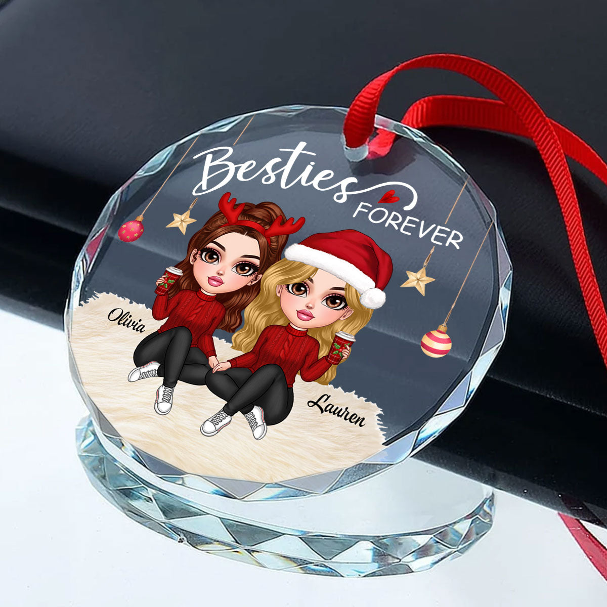 Besties Forever Y2K Best Friends Personalized Glass Ornament, Friendship Christmas Gift