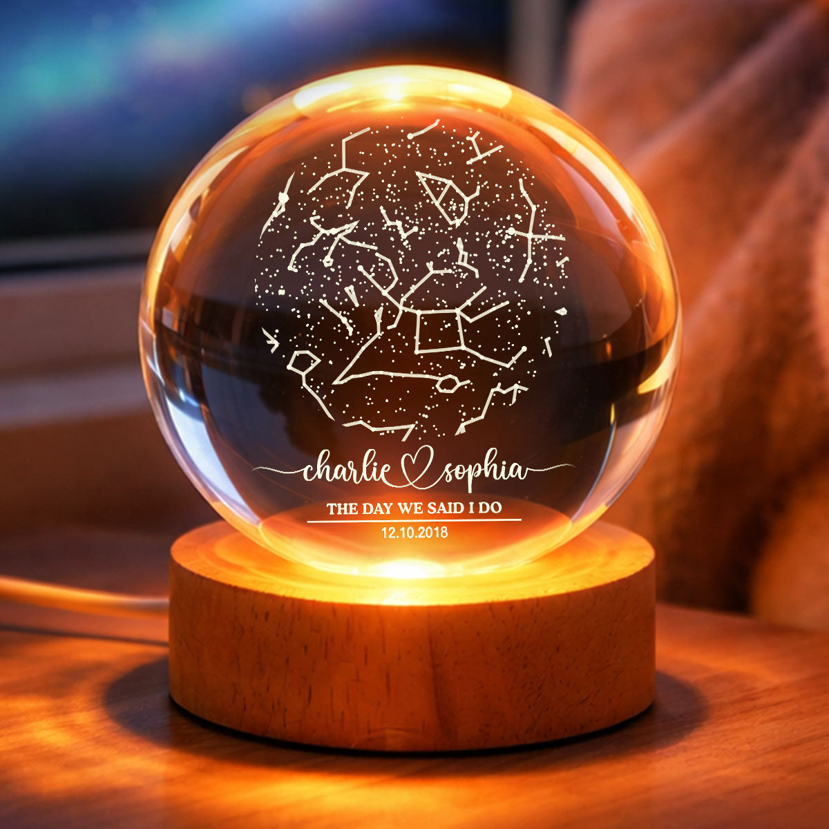 Custom Couple Star Map by Date Constellation - Personalized Crystal Ball Night Light - Heartfelt Anniversary Gift, Valentine's Day Gift for Her, for Him