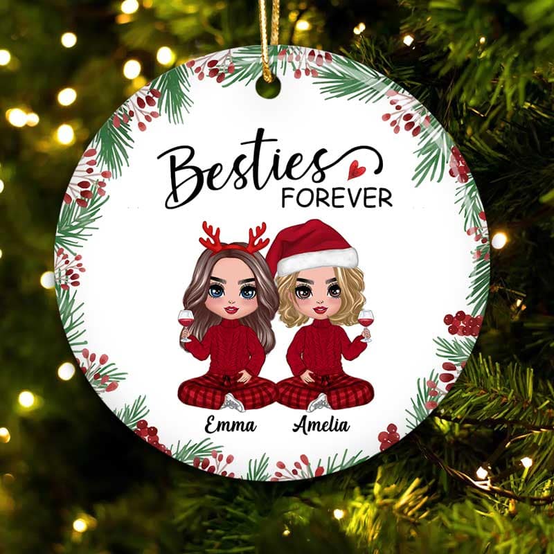 Holly Branch Besties Sisters Checkered Pants Personalized Circle Ornament
