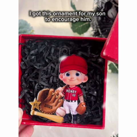 Baseball Player With Baseball Mitt Bat Ball - Personalized Acrylic Ornament - Gift For Kids, Grandkids
