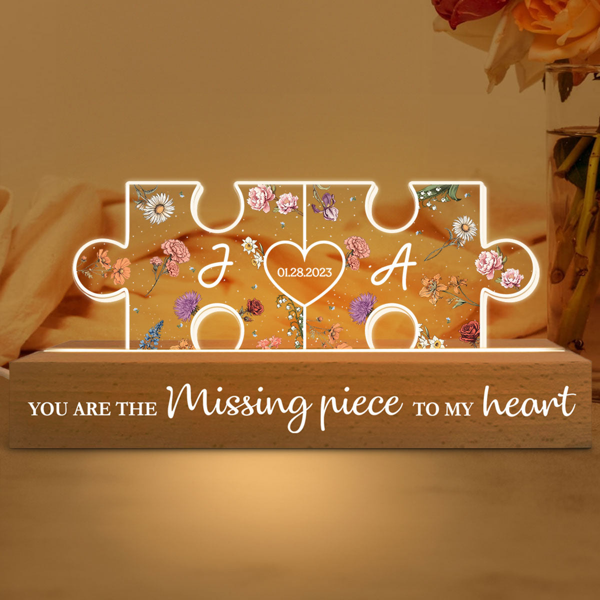 Couple Initials Puzzle Pieces Floral Theme  Gift Personalized Acrylic Block LED Night Light