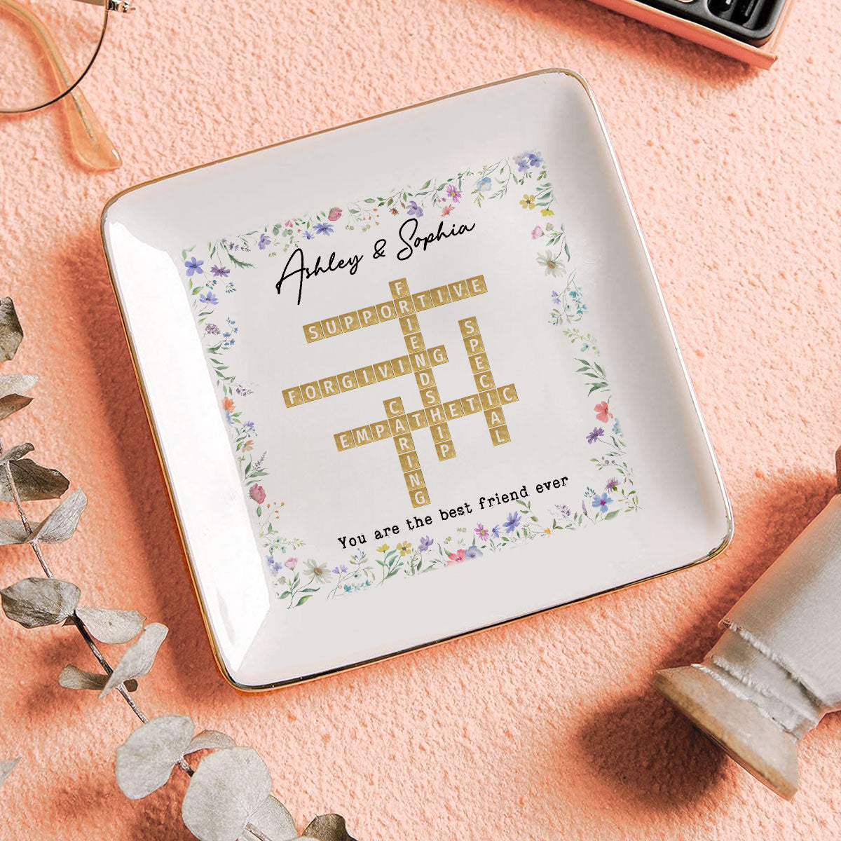 Best Friend Sister Ever Crossword Art - Created In A Moment Personalized Jewelry Dish , Birthday Gift for Bestie, Wedding Bridesmaid Gift