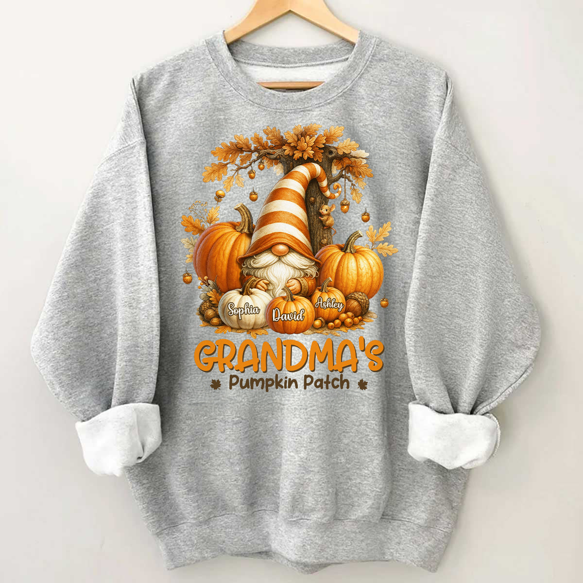Gnome Grandma's Pumpkin Patch Personalized Fall Sweatshirt, Cozy Fall Sweatshirt for Grandma