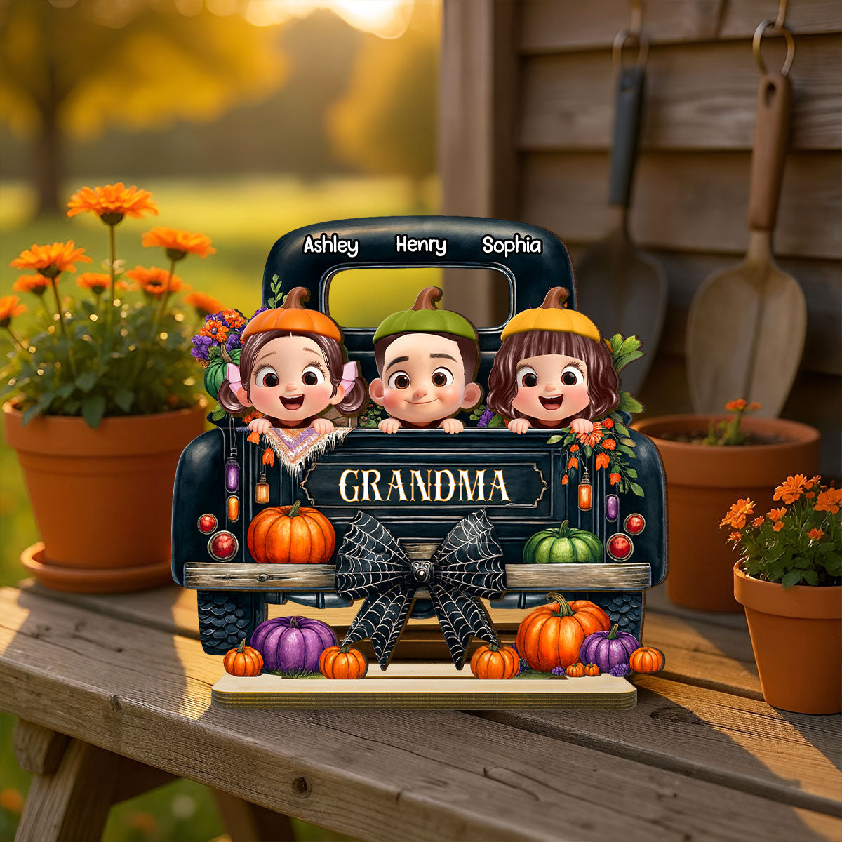 Grandkids Peeking on Halloween Truck Personalized Standing Wooden Plaque, Fall Halloween Decor for Grandma
