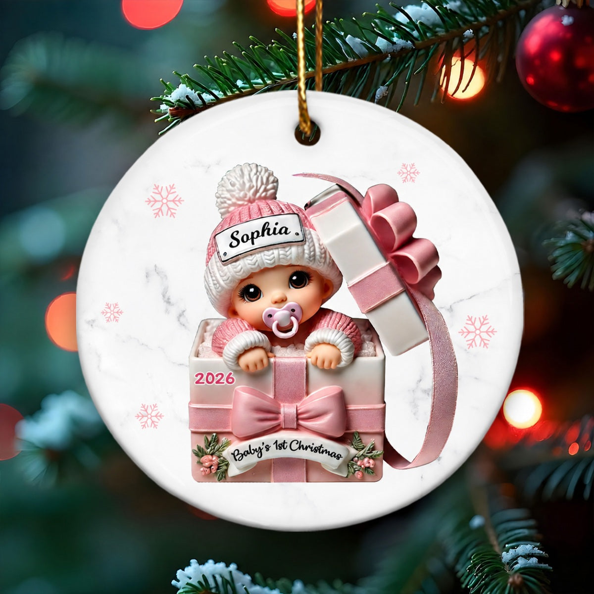 Baby Inside Gift Box Personalized Ceramic Ornament, Baby First Christmas Keepsake