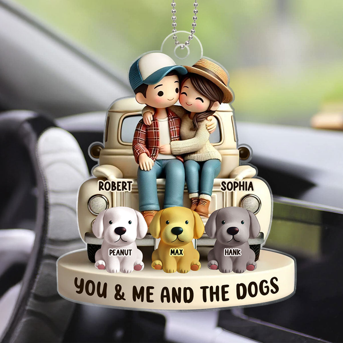 3D Effect Couple On Truck You Me And The Dog Cats Personalized Acrylic Car Hanger Ornament, Heartfelt 2025  Gift For Couple, For Dog Lovers, Cat Lovers