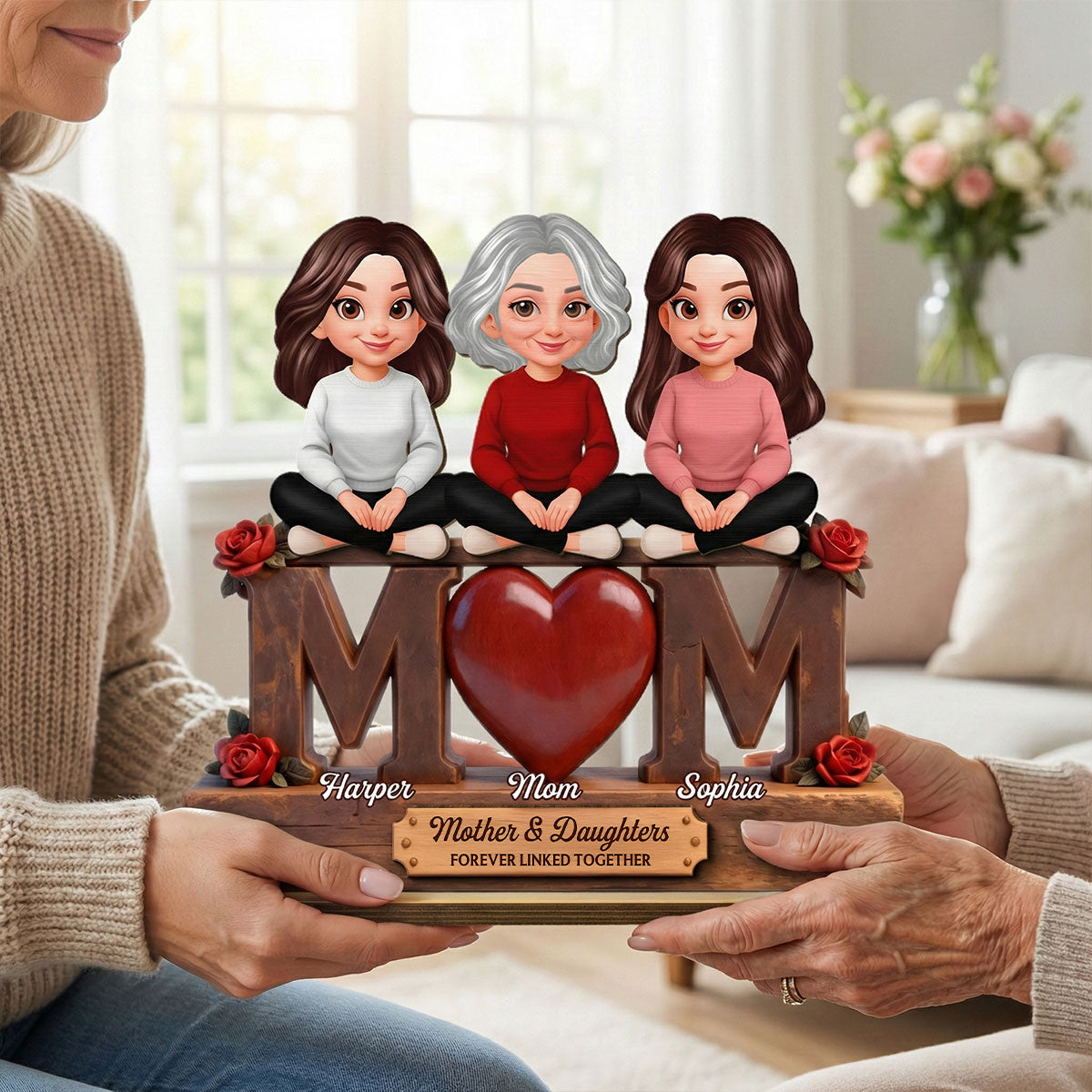 Rose MOM And Daughters Sons - Personalized 2-Layered Wooden Plaque - Heartfelt Mother's Day Gift For Mom