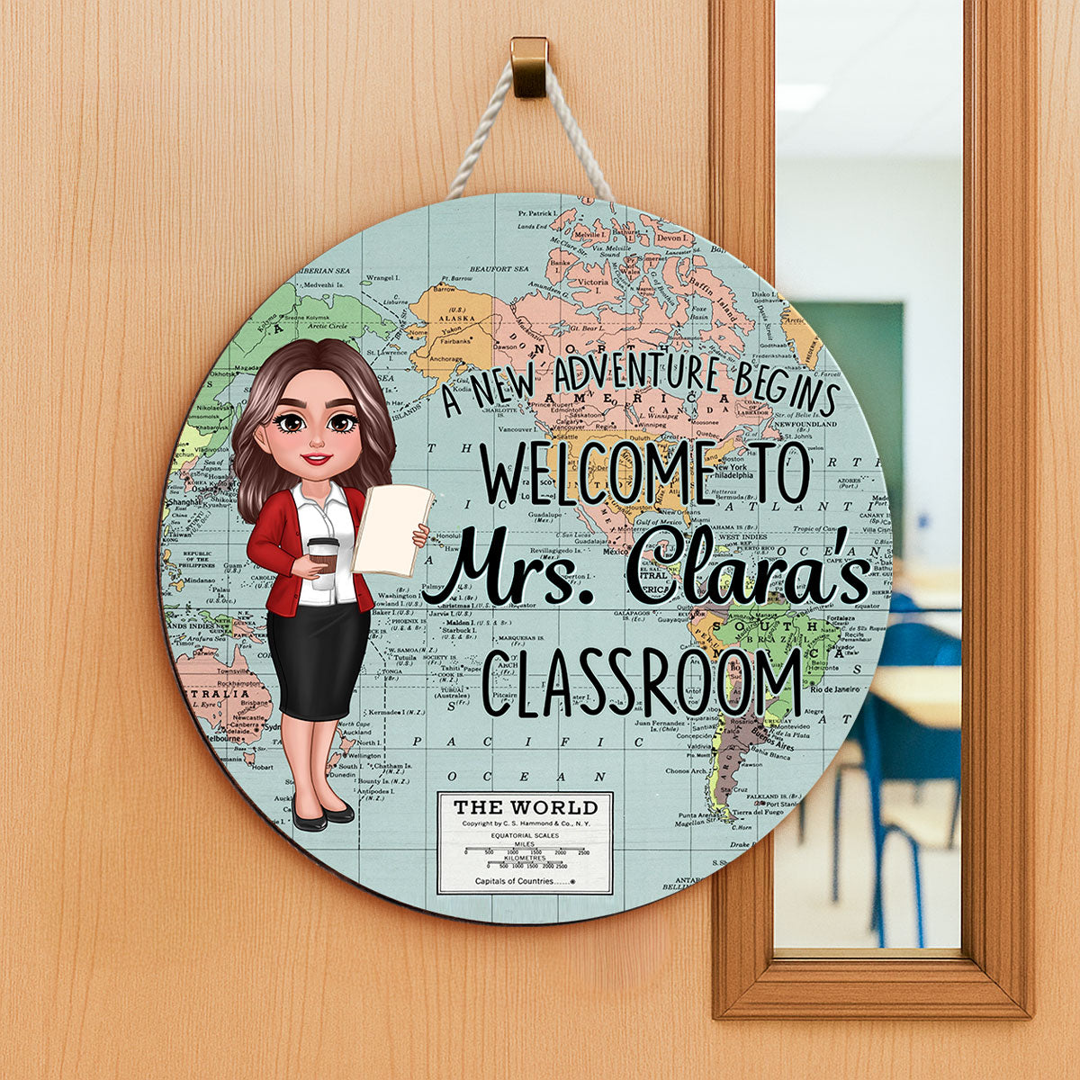 World Map Adventure Themed Welcome To Classroom Personalized Round Door Hanger, Back To School, Classroom Decor