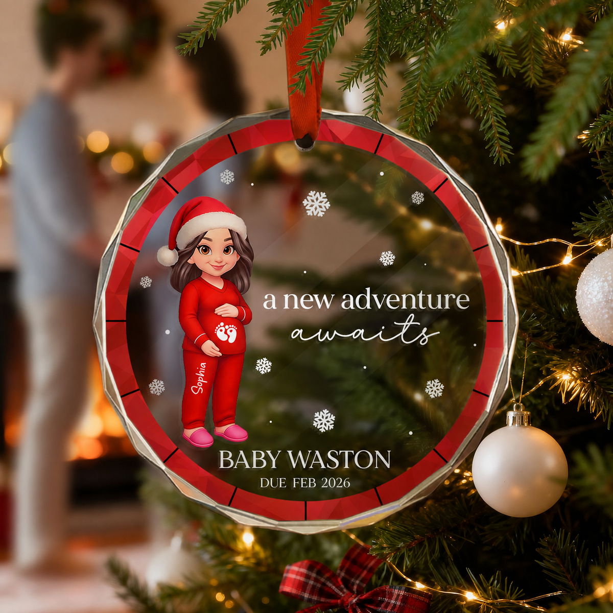 Christmas Pregnant Mom Baby Bump Pregnancy Expecting Baby Arriving - Personalized Glass Ornament