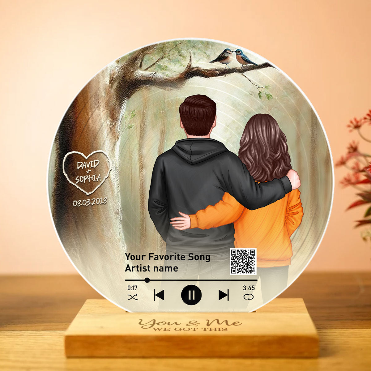 Couple Birds On Tree Personalized Vinyl Record, Scannable QR Code, Custom Names & Anniversary Date, Gift For Him, For Her