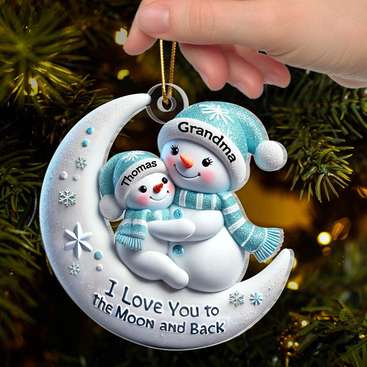 3D Effect Snowman Grandma & Hugging Grandkid On The Moon - Personalized Acrylic Ornament - Gift For Granddaughter, Grandson