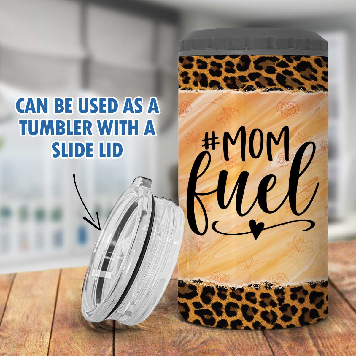 Mom Fuel Messy Bun Leopard Personalized Multipurpose Tumbler 4 In 1 Can Cooler